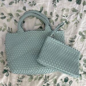 Rachel Zoe Woven spring summer Tote and Pouch – Mint Green